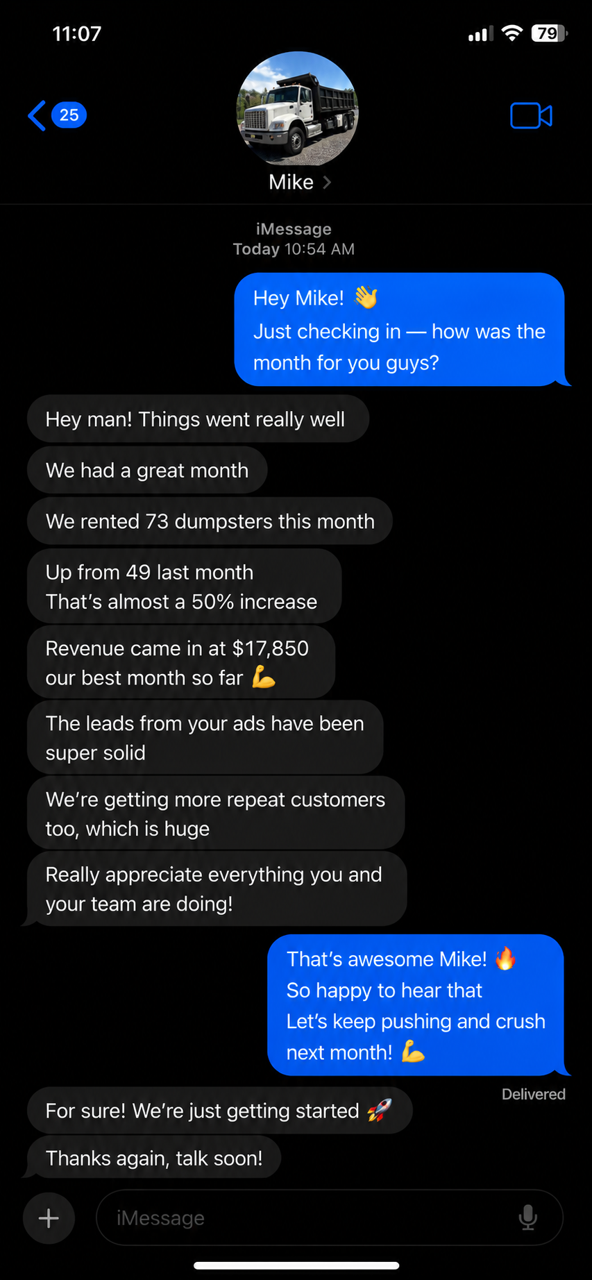 Client text: rented 73 dumpsters this month, up from 49 last month