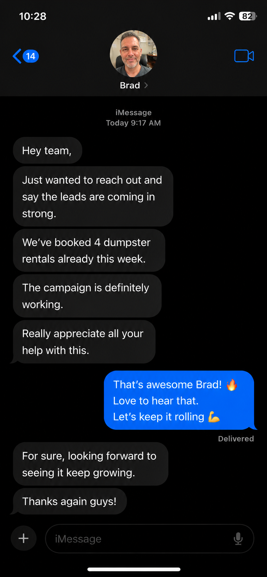 Client text: booked 4 dumpster rentals already this week