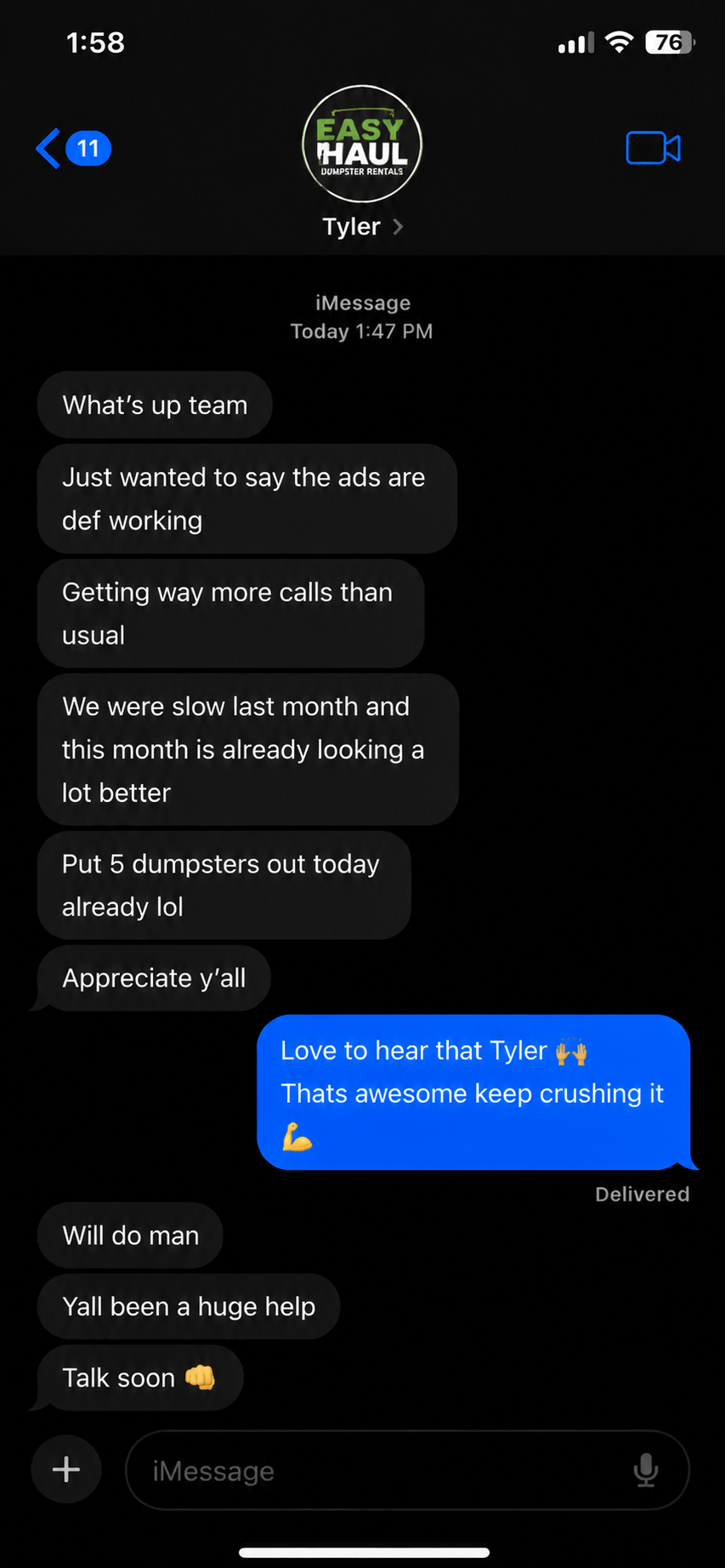 Client text: put 5 dumpsters out today already