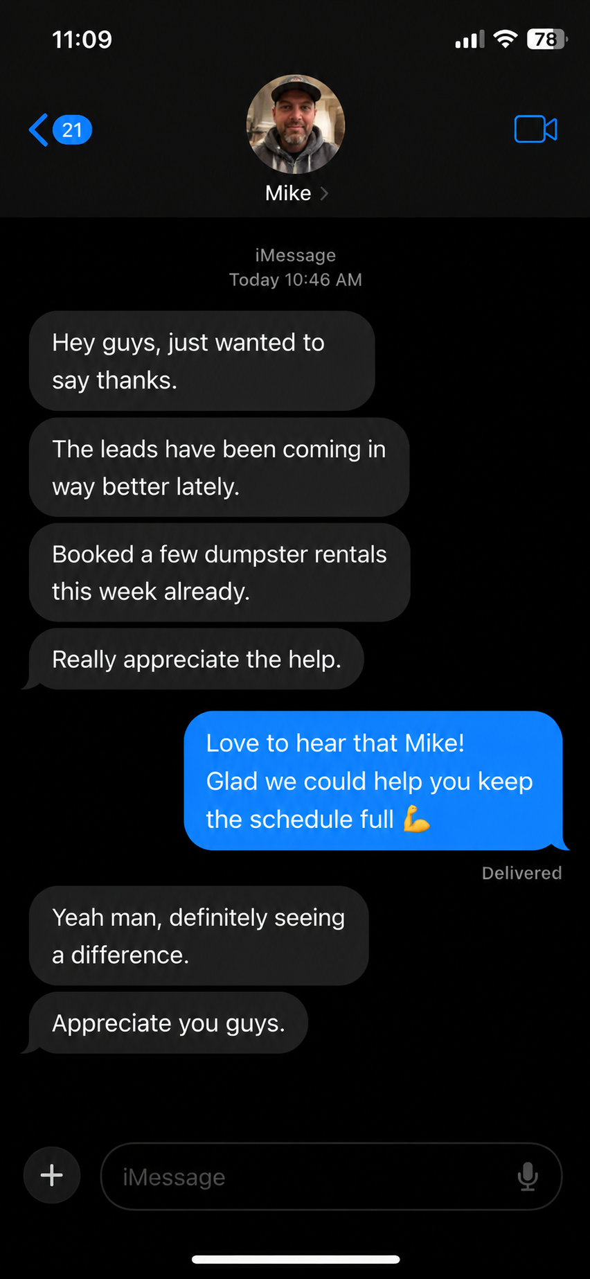 Client text: booked a few dumpster rentals this week